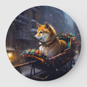 Relógio Grande Estação Festiva de Natal Shiba Inu