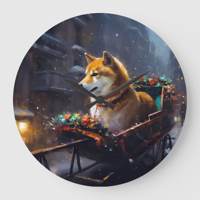Relógio Grande Estação Festiva de Natal Shiba Inu (Frente)