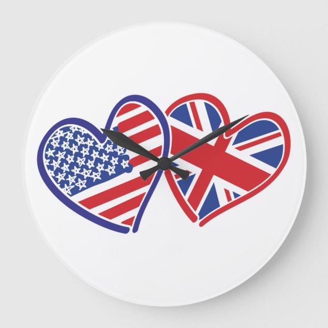Relógio Grande Estados Unidos e Reino Unido Flag Hearts (Frente)