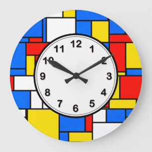 Relógio Grande Estilo Inspirado em Mondrian Padrão Vermelho Azul 