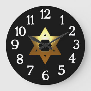 Relógio Grande Estrela Judaica Dourada Fundo Preto
