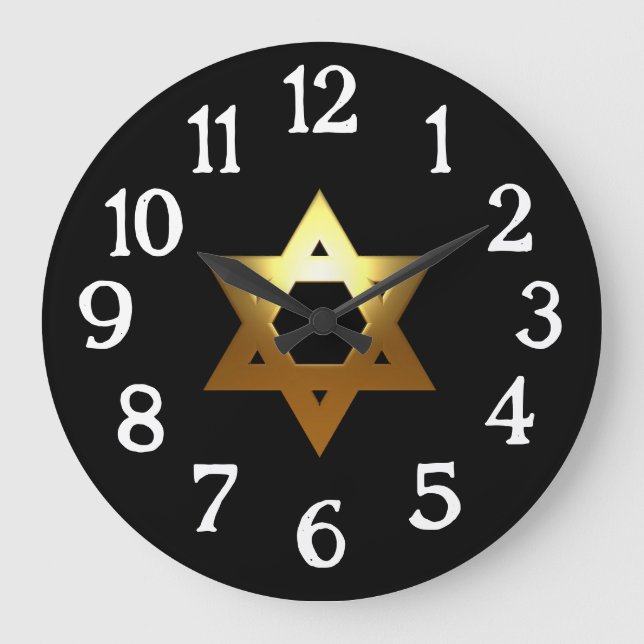 Relógio Grande Estrela Judaica Dourada Fundo Preto (Frente)