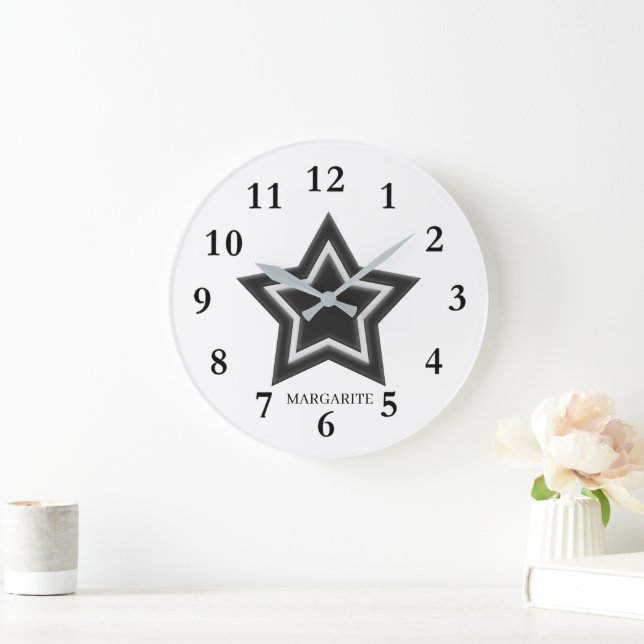 Relógio Grande Estrela Preta e Branca Personalizada (Lar)