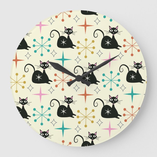 Relógio Grande Estrelas de meio século com Gato Atômico Preto (Frente)