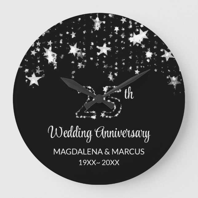 Relógio Grande Estrelas E Números De Prata Brilhante (Frente)