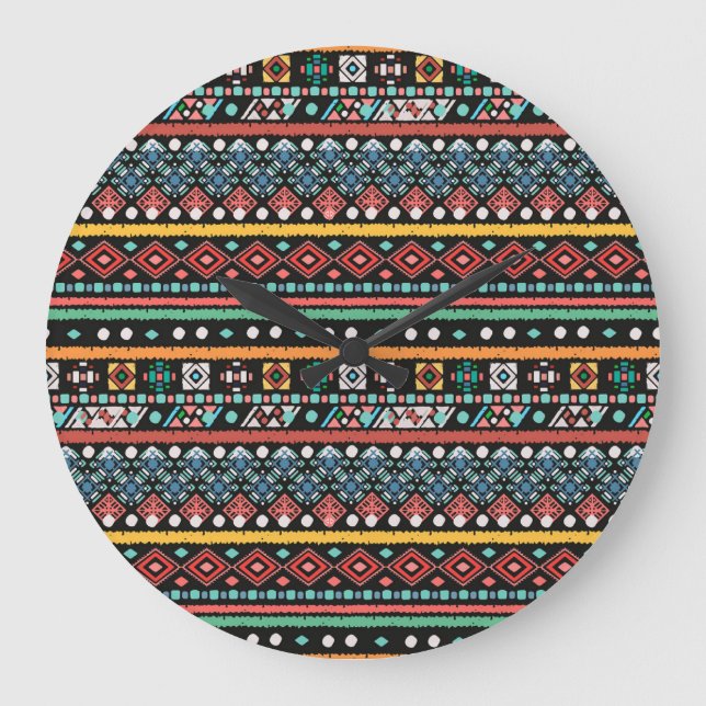 Relógio Grande Étnica Boho: Impressão de pixel geométrico (Frente)