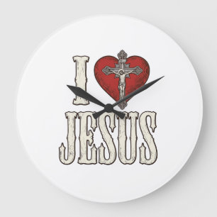 Relógio Grande Eu Amo Jesus Gravura Vintage Camisa de Fé Design_