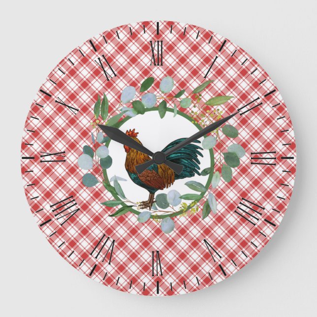 Relógio Grande Eucalyptus Wreath & Rooster Farmhouse (Frente)