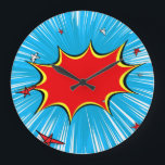 Relógio Grande Explosão em quadrinhos de estrelas azul e vermelha<br><div class="desc">Este pano de fundo retrô em quadrinhos é perfeito para qualquer colecionador de super-heróis ou fã-moço. Os gráficos brilhantes têm linhas de duro e cores ousadas.</div>