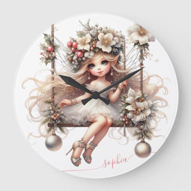 Relógio Grande Fada de Natal Branca (Frente)