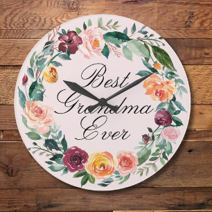 Relógio Grande Fall Autumn Rosa Fllower Floral Wreath Best Grandm