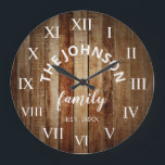 Relógio Grande Família Personalizada de Madeira Nome Farmhouse Ru<br><div class="desc">O relógio do estilo da fazenda de madeira marrom é perfeito para a cozinha da fazenda do seu país ou sala de estar. Personalize com seu nome de família e o ano estabelecido para um aniversário ou presente de Natal exclusivo e personalizado.</div>