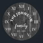 Relógio Grande Família Personalizada de Madeira Nome Farmhouse Ru<br><div class="desc">O relógio de parede em estilo fazenda de madeira das cinzas é perfeito para a cozinha da fazenda. Personalize com seu nome de família e o ano estabelecido para um aniversário ou presente de Natal exclusivo e personalizado.</div>