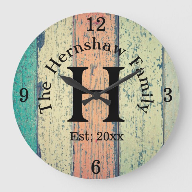 Relógio Grande Família Rústica De Monograma De Madeira (Frente)