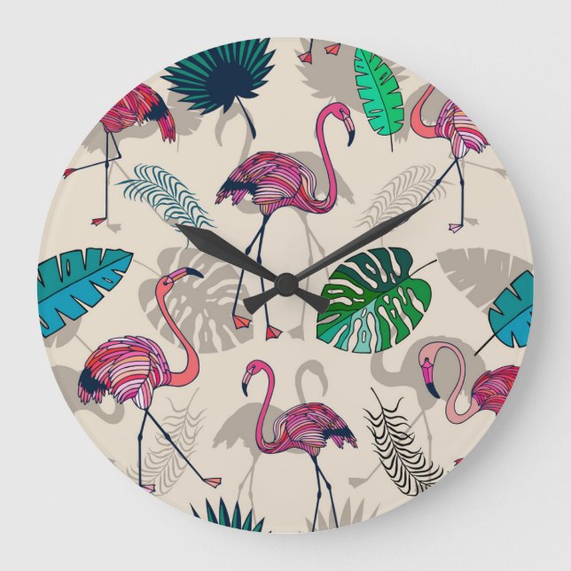 Relógio Grande Fantasia Tropical: Flamingo Leaf Pattern (Frente)