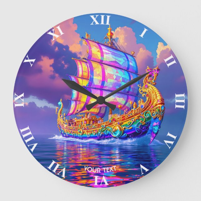 Relógio Grande Fantasy Cute Rainbow Colors Ship (Frente)