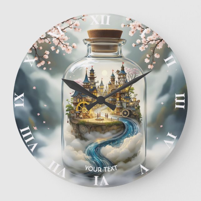 Relógio Grande Fantasy Cute Steampunk Bottle City (Frente)