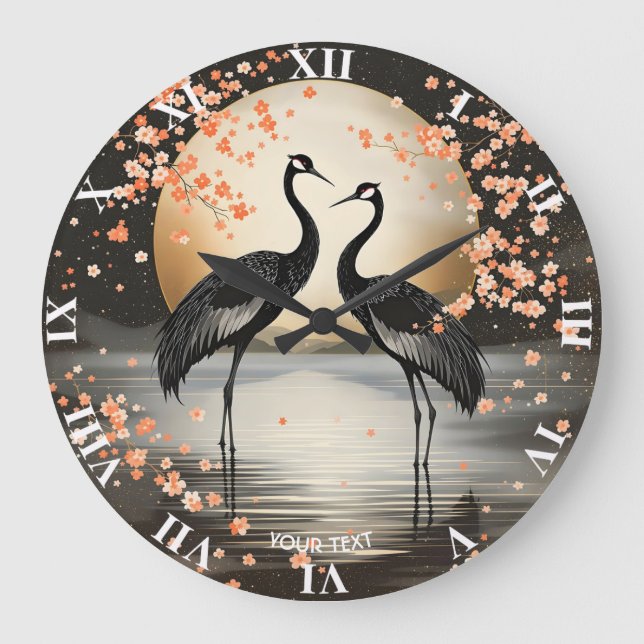 Relógio Grande Fantasy Cute Two Black Cranes (Frente)