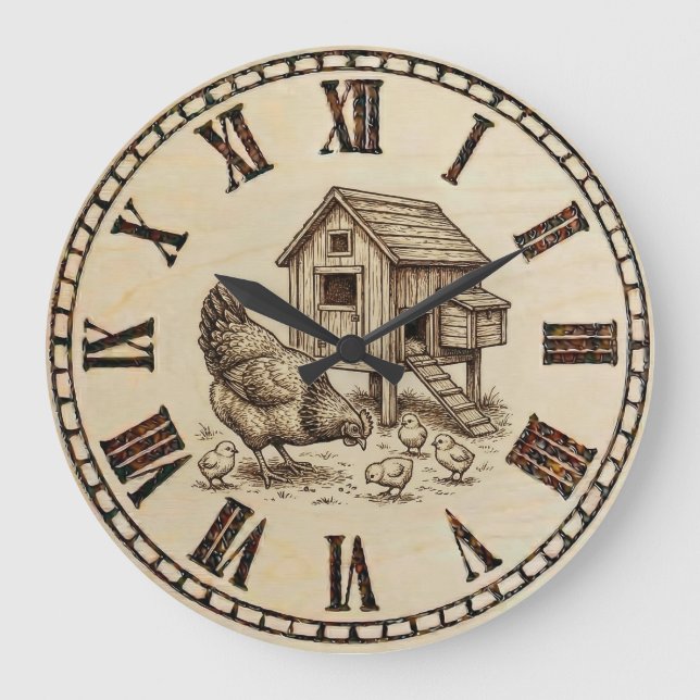 Relógio Grande Farm Chicken Wall Clock – Wood-Burned style  (Frente)