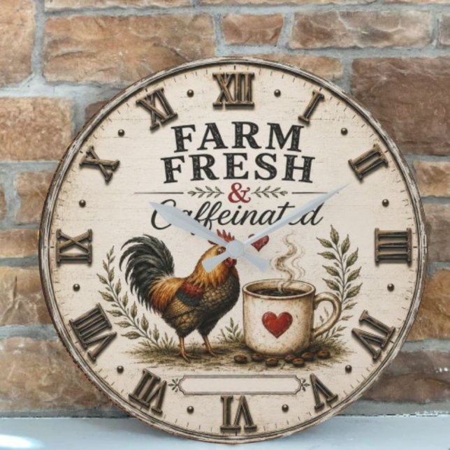 Relógio Grande Farm Fresh & Caffeinated Rustic Rooster Coffee (Criador carregado)
