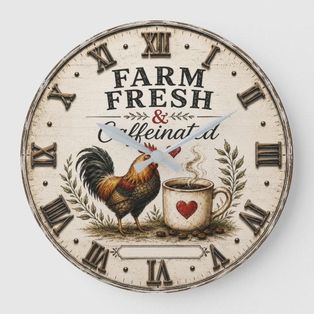 Relógio Grande Farm Fresh & Caffeinated Rustic Rooster Coffee (Frente)
