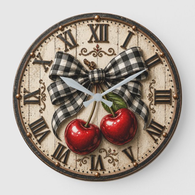 Relógio Grande Farmhouse Cherry Rustic Buffalo Plaid Kitchen (Frente)
