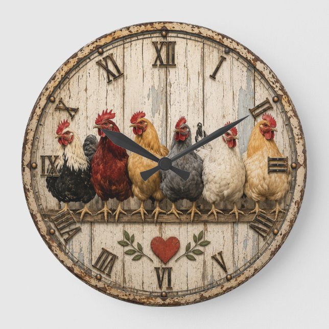Relógio Grande Farmhouse Chicken Rustic  (Frente)