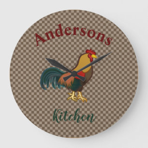 Relógio Grande Farmhouse Rooster Design Gingham Chicken
