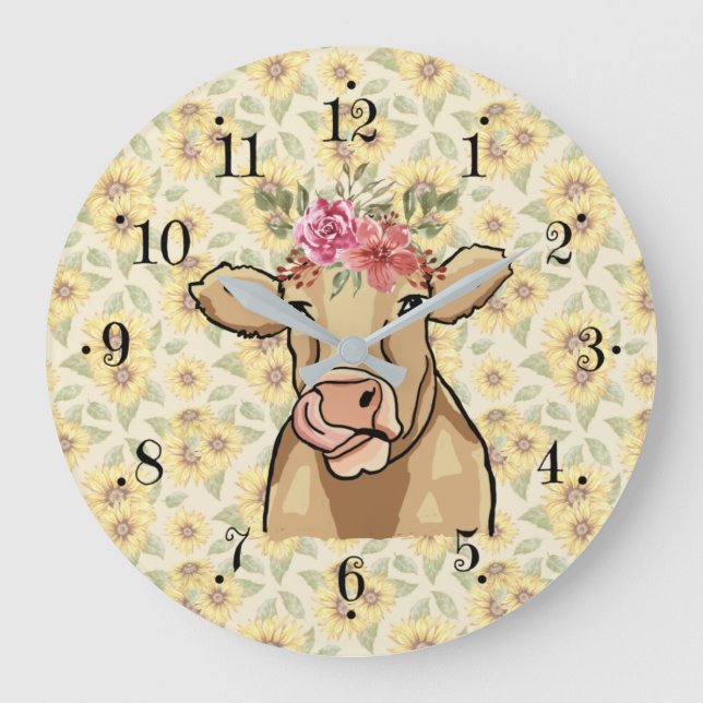 Relógio Grande Farmhouse Sunflower Country Milk Cow Wall Clock (Frente)