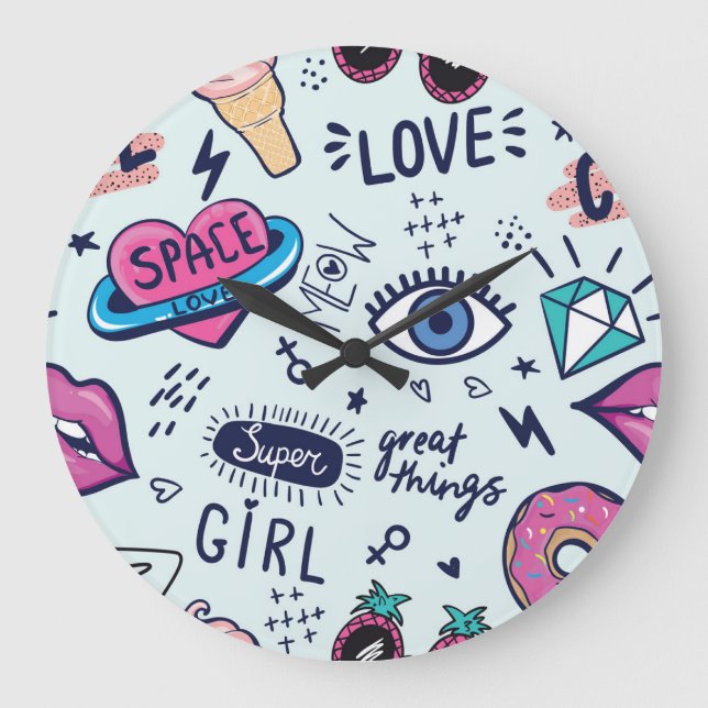Relógio Grande Fashion Patch: Pop Art Stickers. (Frente)