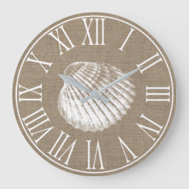 Relógio Grande Faux Burlap e White Seashell, Elegante costeira