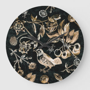 Relógio Grande Faux Dourado Bird Beetles Flowers Frutas de cereja