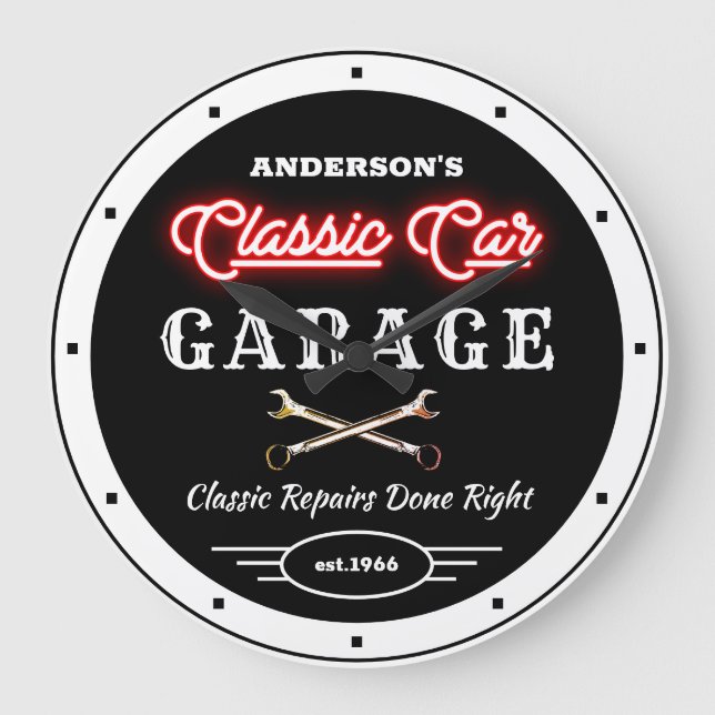 Relógio Grande Faux Red Neon Classic Car Garage Qualquer Nome    (Frente)
