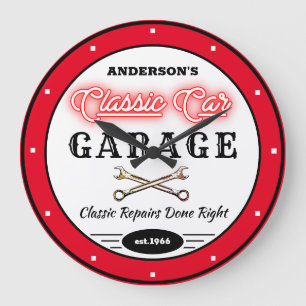 Relógio Grande Faux Red Neon Classic Car Garage Qualquer Nome
