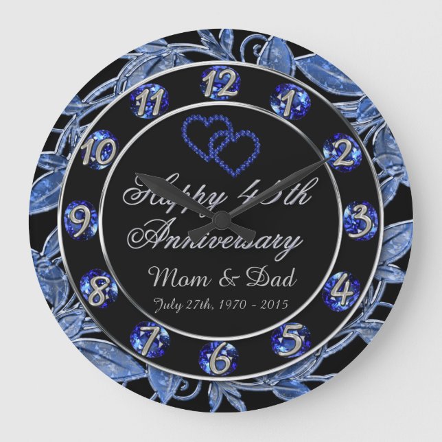 Relógio Grande Feliz 45º Aniversário Números de Folha de Sapphire (Frente)