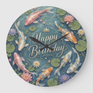 Relógio Grande Feliz Aniversário Sereno Lago de Koi Lírio de Água