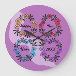 RELÓGIO GRANDE FELIZ ANO NOVO 20XX PERSONALIZADO E FLOWERS WREATH