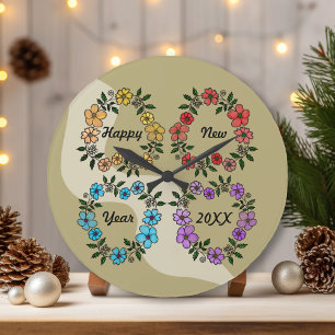 RELÓGIO GRANDE FELIZ ANO NOVO 20XX PERSONALIZADO E FLOWERS WREATH