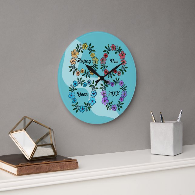 RELÓGIO GRANDE FELIZ ANO NOVO 20XX PERSONALIZADO E FLOWERS WREATH (Escritório)
