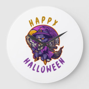 Relógio Grande Feliz Dia das Bruxas Bruxa de Halloween Gato