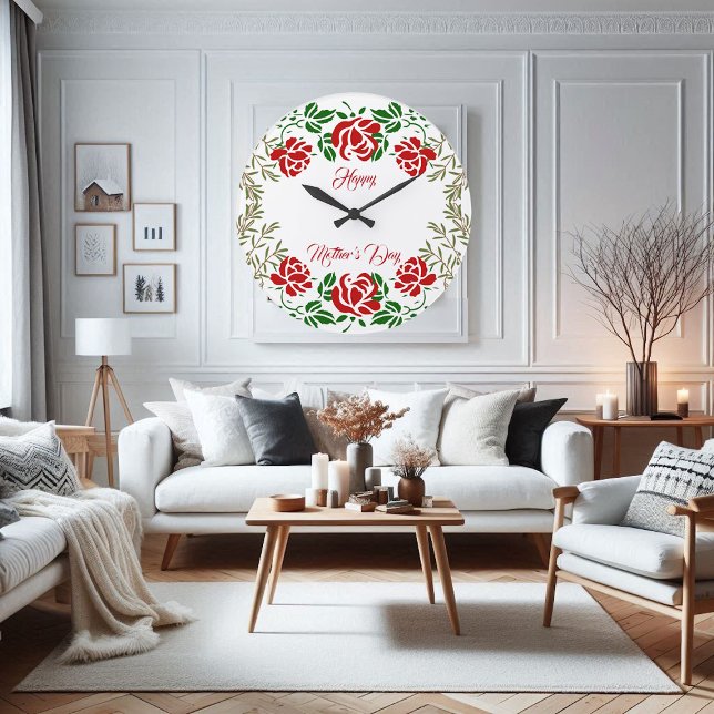 Relógio Grande Feliz dia de as mães Rosa vermelha Floral Greenery (Happy Mothers Day Red Rose Floral Greenery Wall Large Clock)
