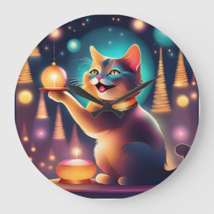 Relógio Grande Feliz gato comemorando o Natal,Relógio de Parede
