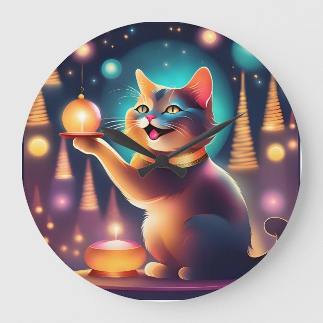 Relógio Grande Feliz gato comemorando o Natal,Relógio de Parede (Frente)