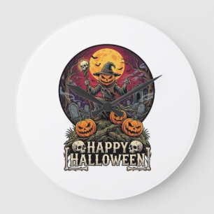 Relógio Grande Feliz Halloween Abóbora Mago Cemitério Lua Cheia