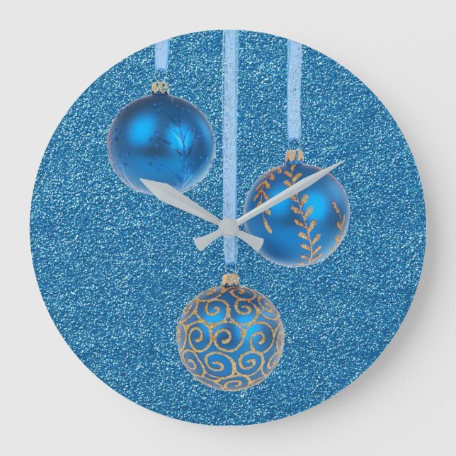 Relógio Grande Feliz Natal Blue Glitter Baubles Elegante (Frente)