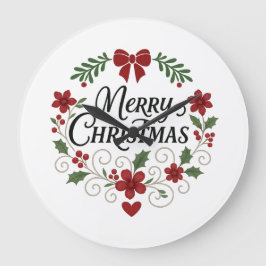 Relógio Grande Feliz Natal Floral Wreath Wall Clock
