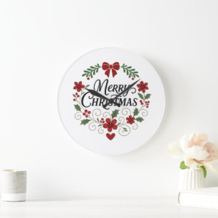Relógio Grande Feliz Natal Floral Wreath Wall Clock