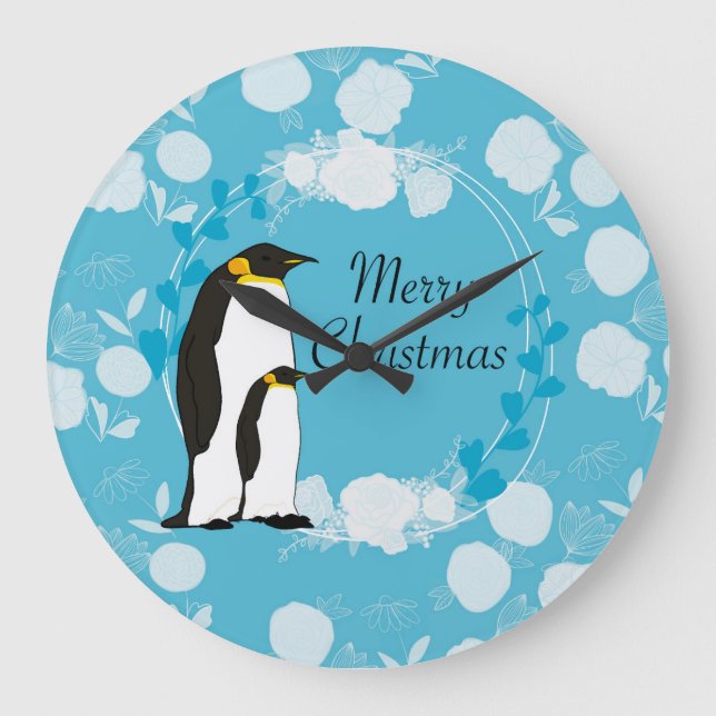 Relógio Grande feliz natal, natal, pinguim, flores, azul, (Frente)