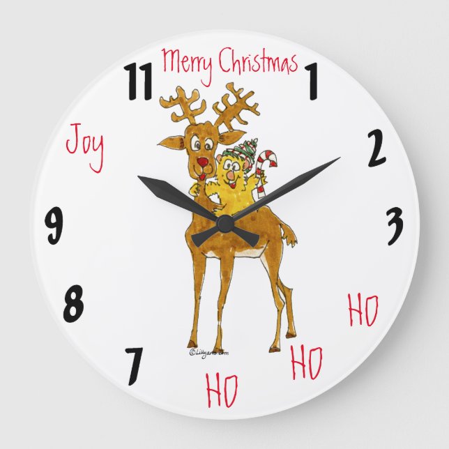Relógio Grande Feliz Natal Reindeer Cartoon Wall Clock (Frente)