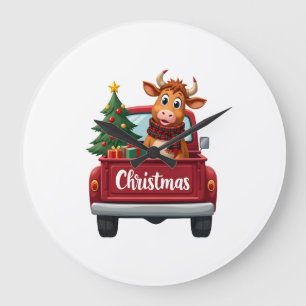 Relógio Grande Feliz Natal Vaca Highland Árvore de Natal Caminhão